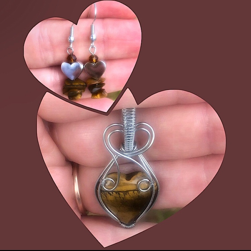 Wire Wrapped Tigers Eye Heart Pendant Necklace Earrings Set Handmade OOAK